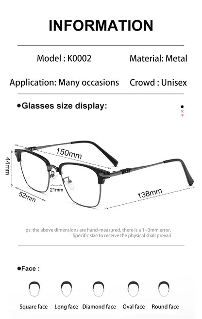 Classic Men's Square Frames Personalized Business Blue Light Blocking Can Be Customized Reading Glasses Myopic K002