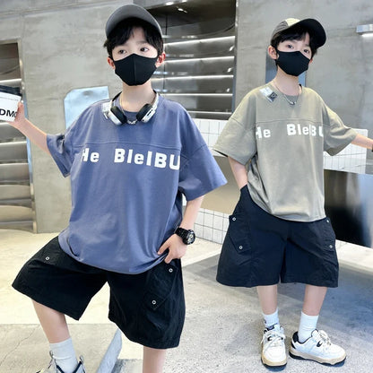 New Casual Boys Top and Bottom Clothes Set Summer Suit for Tween Children Clothing Kids Teenager Shorts Sleeve Tshirt Shorts Set