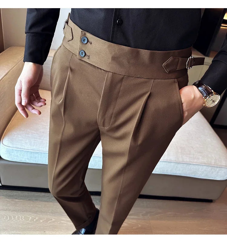 Autumn Winter High Waist Business Dress Pants Men Casual Belt Design Slim Suit Pants Formal Wedding Social Party Male Trousers