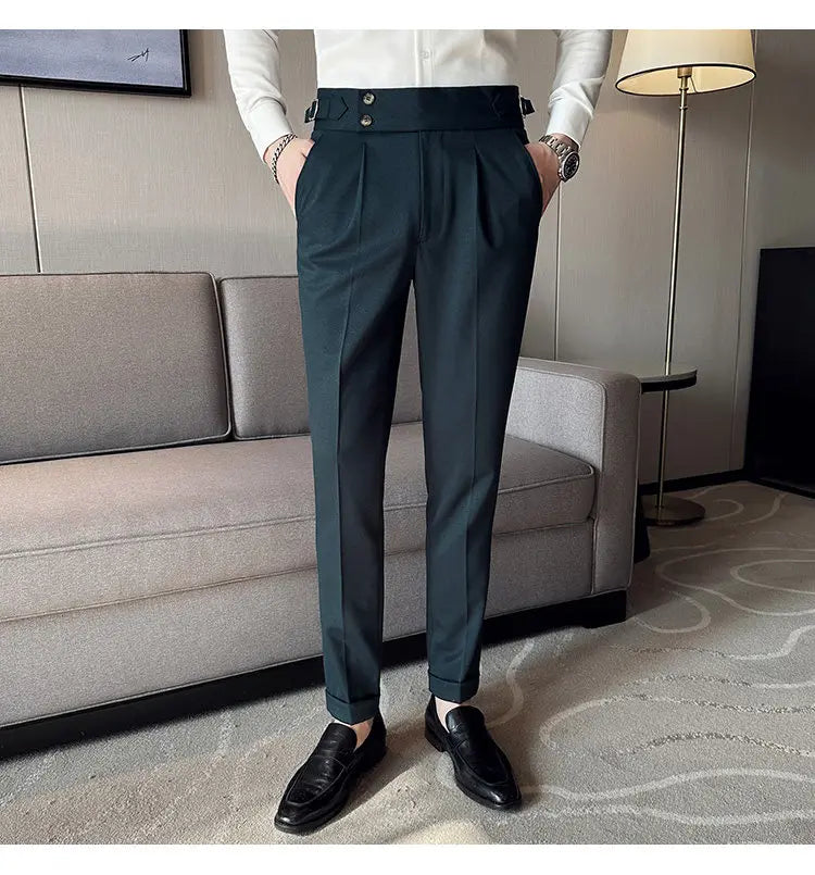 British Style Naples Solid Color High Waist Suit Pants High Quality Men Formal Business Social Party Wedding Casual Trousers