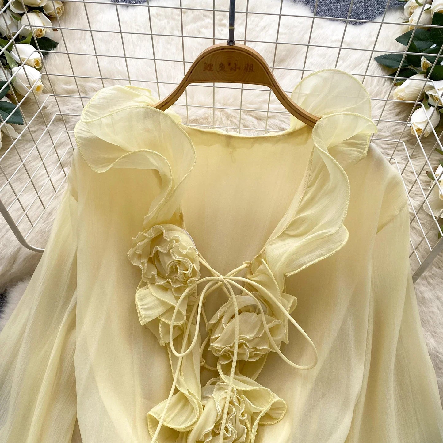 3D Floral Beach Short Dress Female Long Sleeves Lace Up Ruffle Chiffon Cake Sundress Sheer Sexy Vintage Bohemian Dress