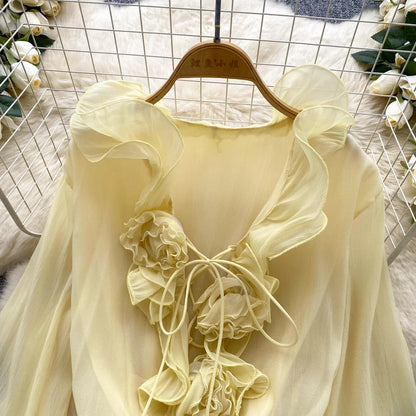 3D Floral Beach Short Dress Female Long Sleeves Lace Up Ruffle Chiffon Cake Sundress Sheer Sexy Vintage Bohemian Dress