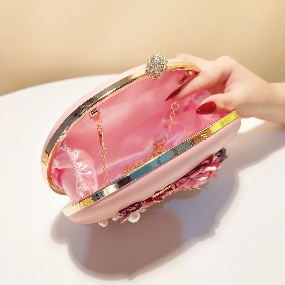 Flower Evening Bags Pink Color Women Small Clutch Purse With Chain Shoulder Flap Design Diamonds Beading Box