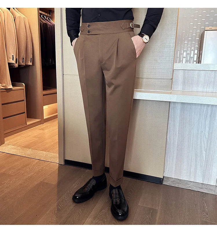 Autumn Winter High Waist Business Dress Pants Men Casual Belt Design Slim Suit Pants Formal Wedding Social Party Male Trousers