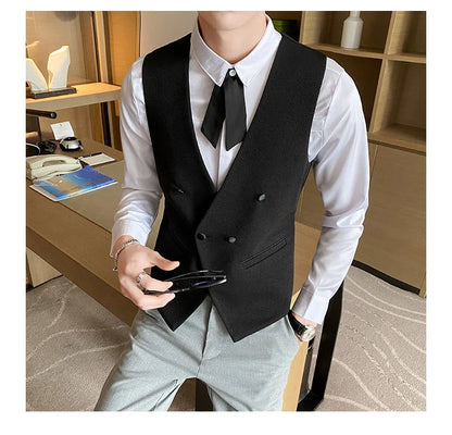 2025 New Fashion Men's Double Breasted Gentleman Dress Casual Vest Fashion Nightclub Bartender Work Clothes V Neck Vest Jacket