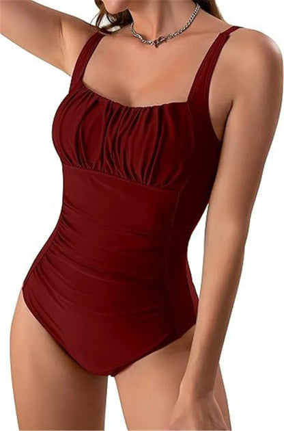 One Piece Ruched Front Swimsuit 2026 Women Vintage Solid Print Swimwear Padded Bathing Bodysuit Bather Swimming Beachwear Summer