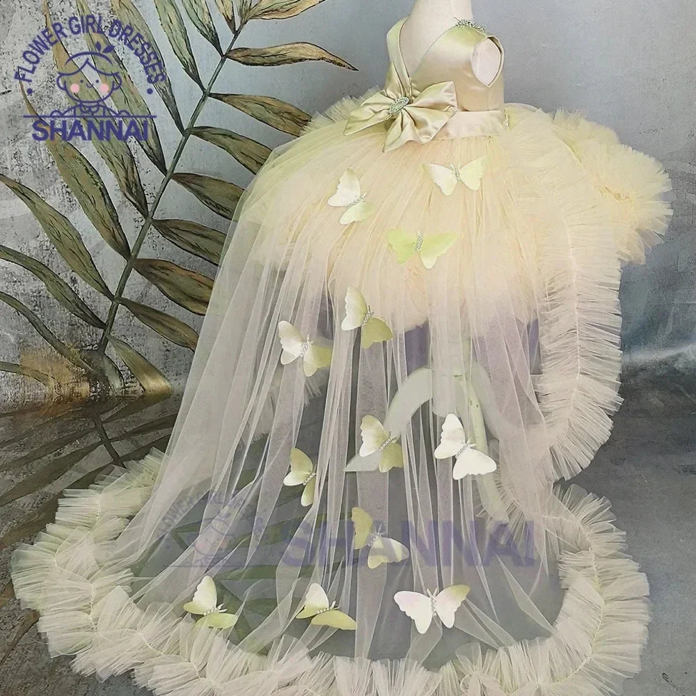 Customized Flower Girl Dresses Puffy Girl Dress Pink Baby Dress With Train Bow Cute Kid's Child Birthday Dresses Frist Communion