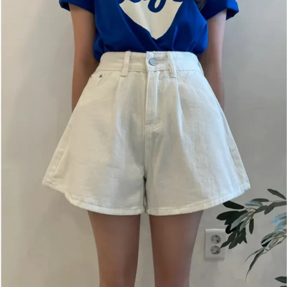 2024 New High Waist Washed Women's Denim Wide Leg Shorts Summer Buttons Casual Female Blue Jeans Trouses Pockets