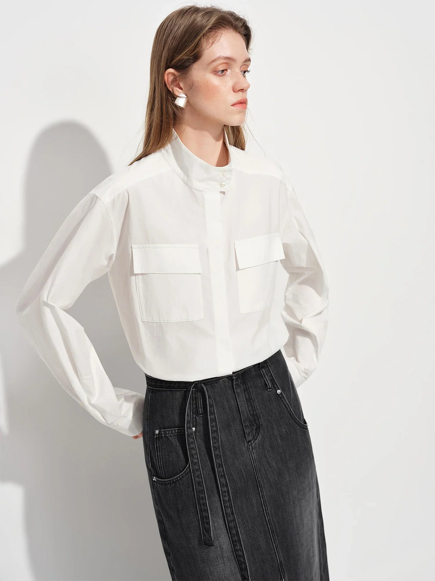 2026 Spring Women's Relaxed Fit Stand Collar Shirt Soft Touch Oversized Blouse White Blue Healing Commute Minimalist Style