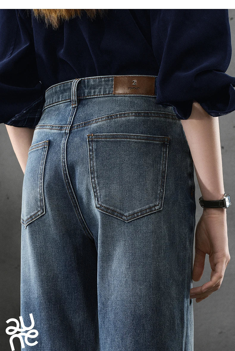 Women Denim Jeans 2025 Autumn New Lycra Stretch Straight Wide Leg Long pants