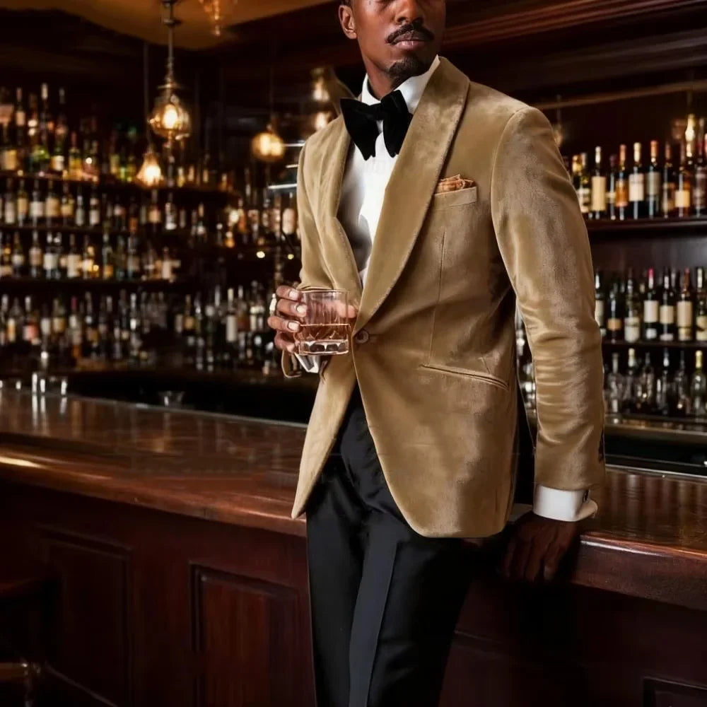 Men's Gold Velvet Tuxedo Blazer Shawl Lapel One Button Formal Jacket Fashion Slim Fit Wedding Prom Party Suit Coat