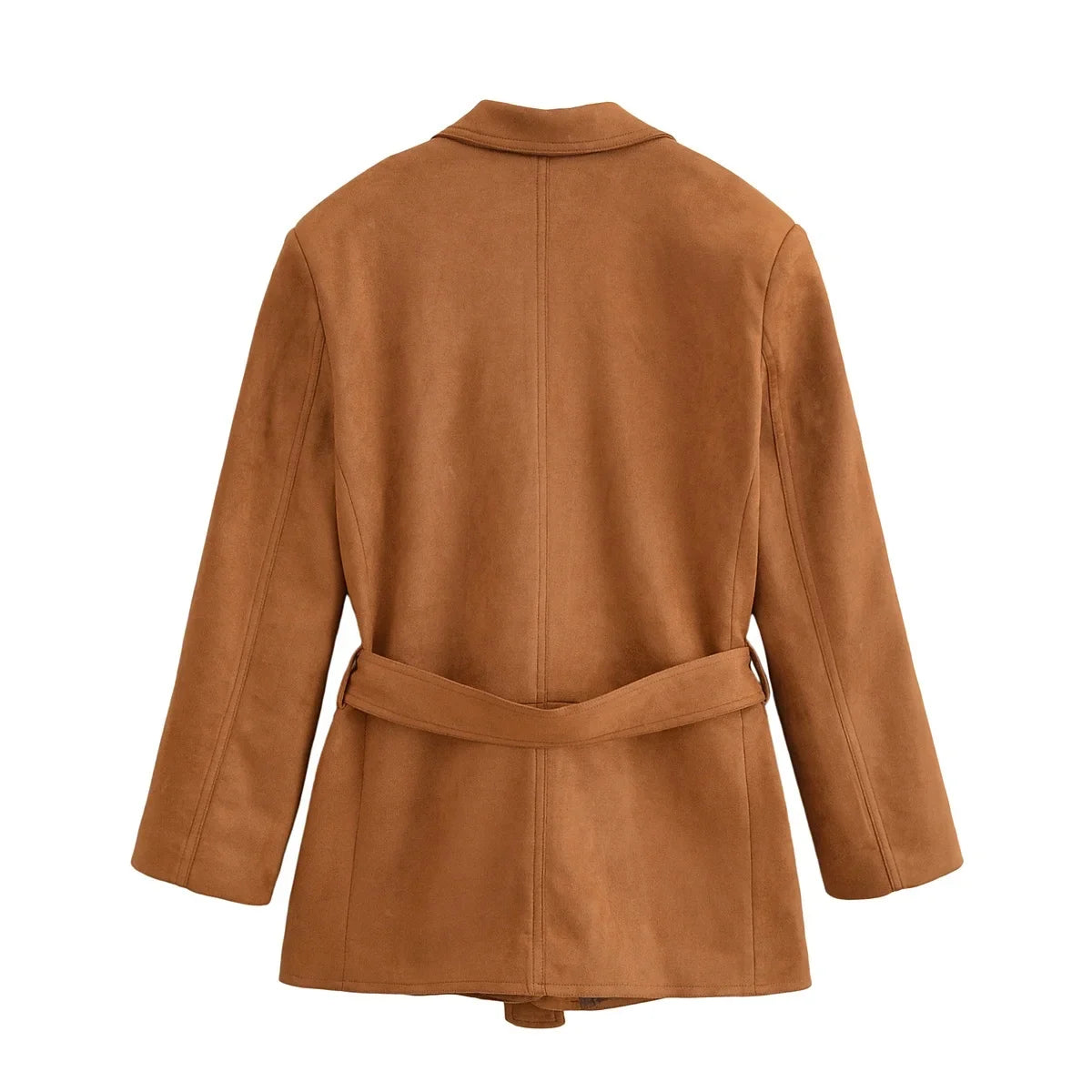 Office Lady Suede Blazer V Neck Sashes Long Pockets Blazer Fashion 2025 Fall Streetwear Outwear Winter Thick Coats