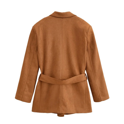 Office Lady Suede Blazer V Neck Sashes Long Pockets Blazer Fashion 2025 Fall Streetwear Outwear Winter Thick Coats