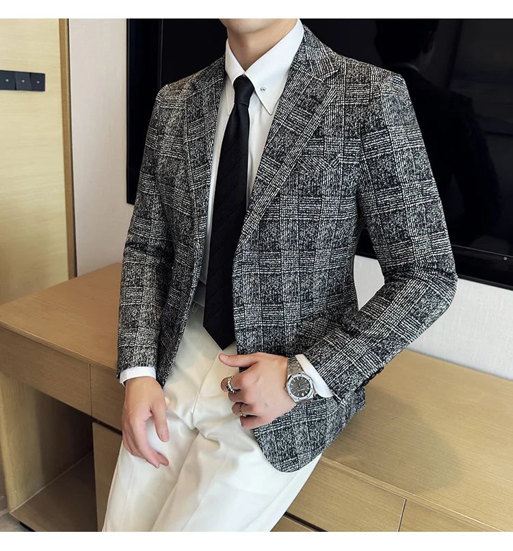 High Quality Meteor Grid Suit Jackets Men British Style Slim Fit Business Casual Fashion Blazers Formal Men Wedding Party Tuxeds