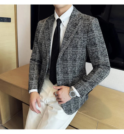 High Quality Meteor Grid Suit Jackets Men British Style Slim Fit Business Casual Fashion Blazers Formal Men Wedding Party Tuxeds