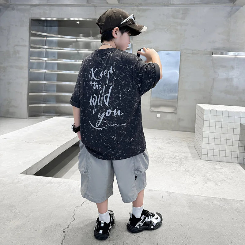 Summer Suit for Boy with Shorts Two Piece Clothing Set Kids Child Cotton Top and Bottom Clothes Set Casual Outfit Tracksuit 5-14