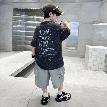 Summer Suit for Boy with Shorts Two Piece Clothing Set Kids Child Cotton Top and Bottom Clothes Set Casual Outfit Tracksuit 5-14