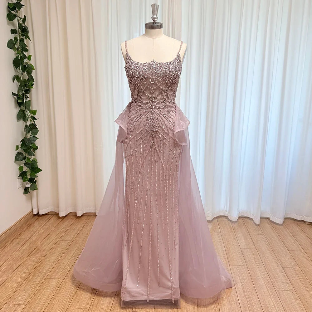 Luxury Beaded Mermaid Evening Dress Spaghetti Strap Detachable Overlay Formal Prom Wedding Party Gown Customized