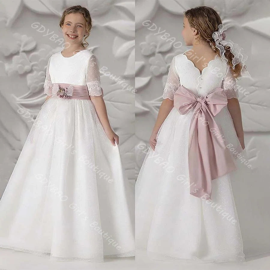 Elegant Girls Lace First Holy Communion Dress Round Neck Half Sleeve Flower Girl Dress with Sashes Custom Birthday Party Gown
