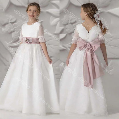 Elegant Girls Lace First Holy Communion Dress Round Neck Half Sleeve Flower Girl Dress with Sashes Custom Birthday Party Gown