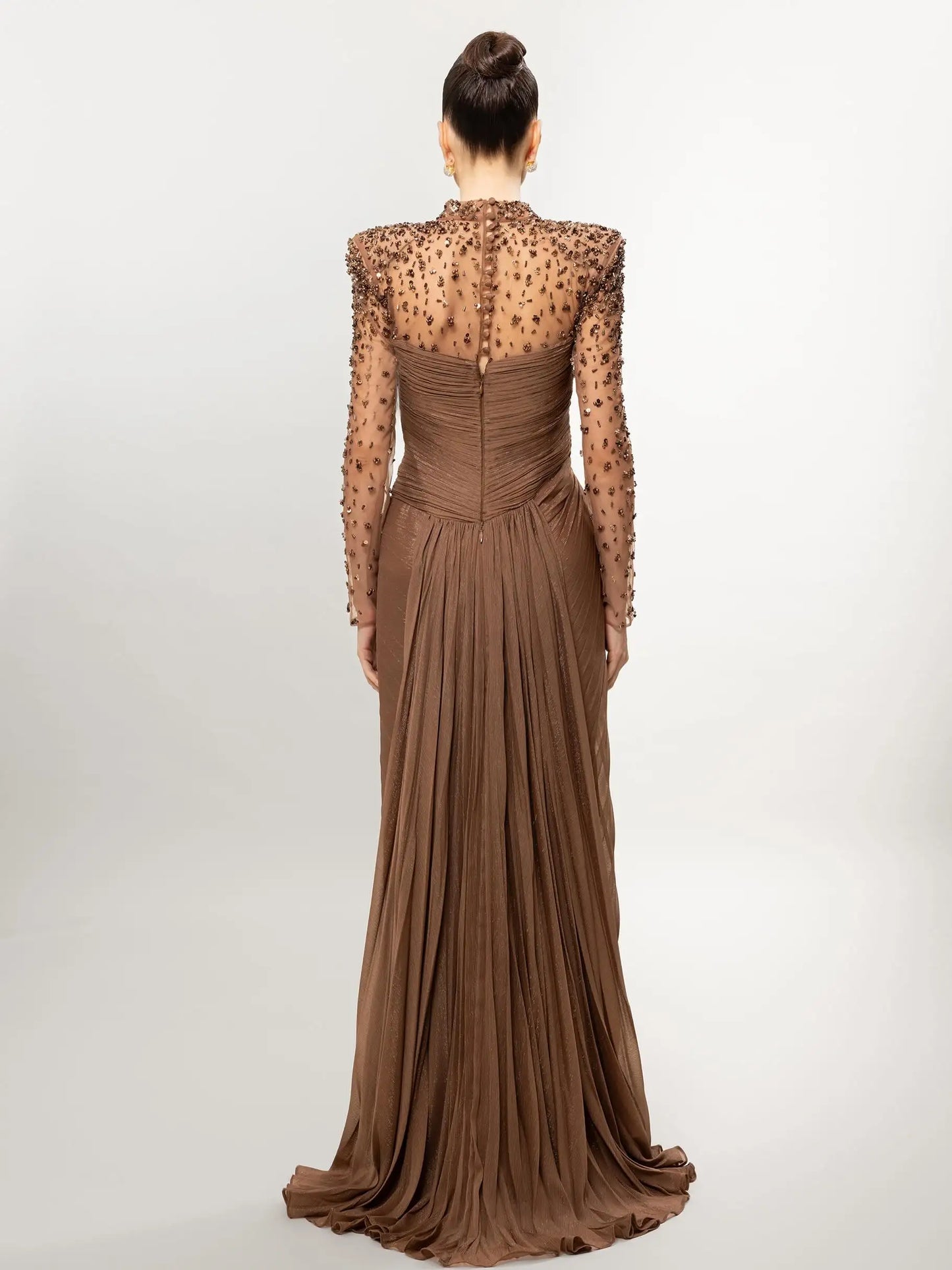 Women'S Formal Evening Gowns Customize Scoop Neck Beading Luxury Evening Dresses Long Sleeves Straight Floor-Length