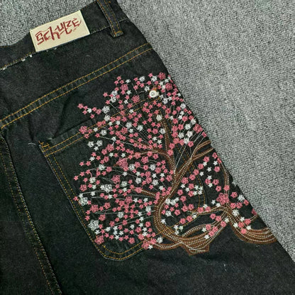 Y2K 2000s Cherry Blossom Pocket Embroidery Fashion Hip Hop Loose Men And Women Clothing Retro Casual Wide Leg Streetwear