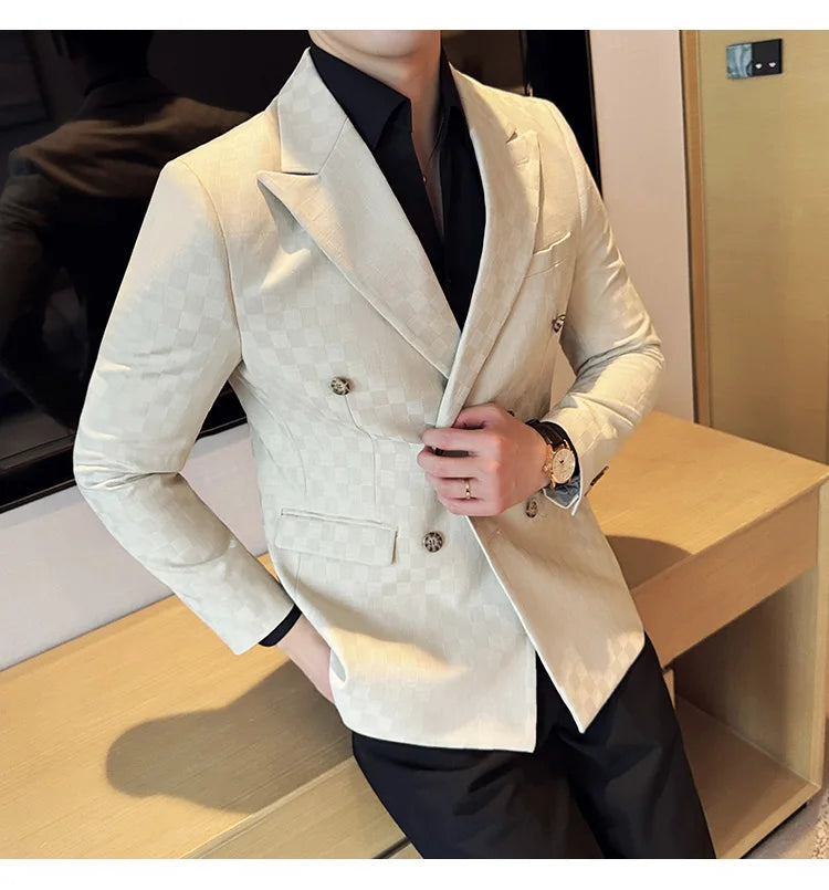 6 Color Luxury Double Breasted Blazers Coats 2024 New Fashion Checkered Business Slim Fit Social   Formal Suit Jacket 5XL-M