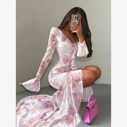 V-neck Organza Floral Chiffon Puff Sleeve Slit Long Dress Bodycon High Slit Bodycon Sexy Dresses Lady Chic Daily Sweet Date Robe