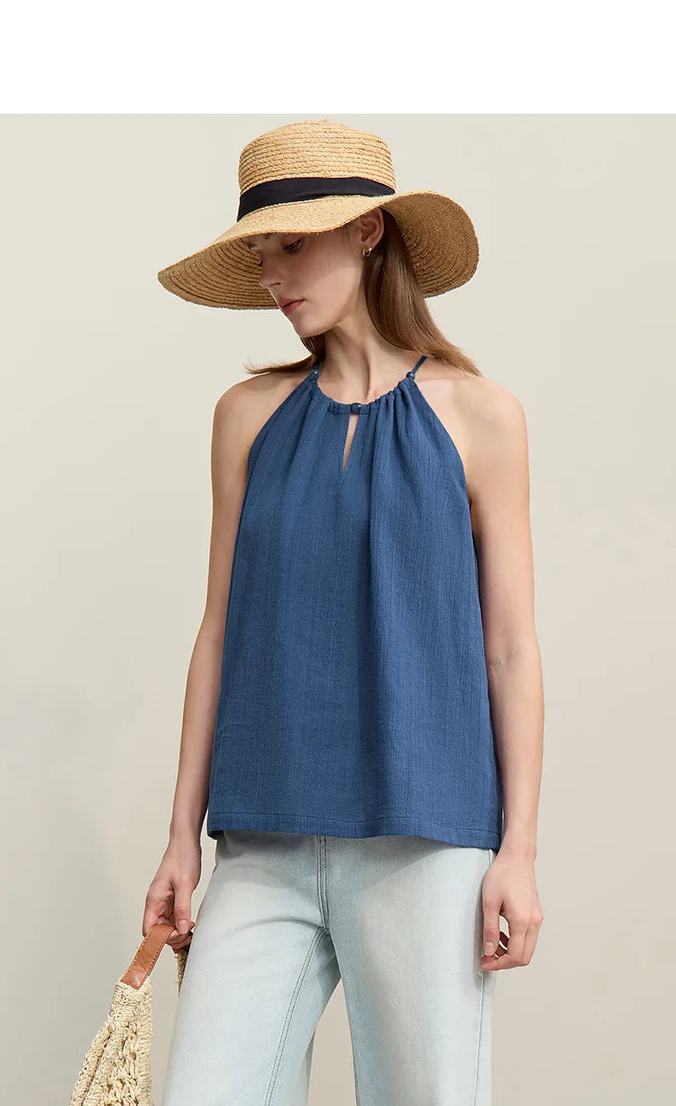 Women's Tank Top 2026 Summer New O-Neck Tie Detail Sleeveless Vest Beaded Linen Casual Loose Holiday Cami For Wome 12622006