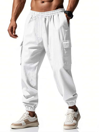 2026 New men's casual multi-pocket trousers male closed-placket tethered cotton and linen straight-leg leggings Men Mens