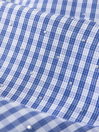 2026 Spring Women's Off-Shoulder Blue Gingham Blouse - Elegant Ruffled Lapel Long Sleeve Top for Office Commute