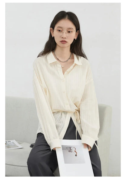 Women Shirt Textured Cotton Striped Waist Shirt Long Sleeves Female Sun Protection Blouses  Spring  Summer 2026