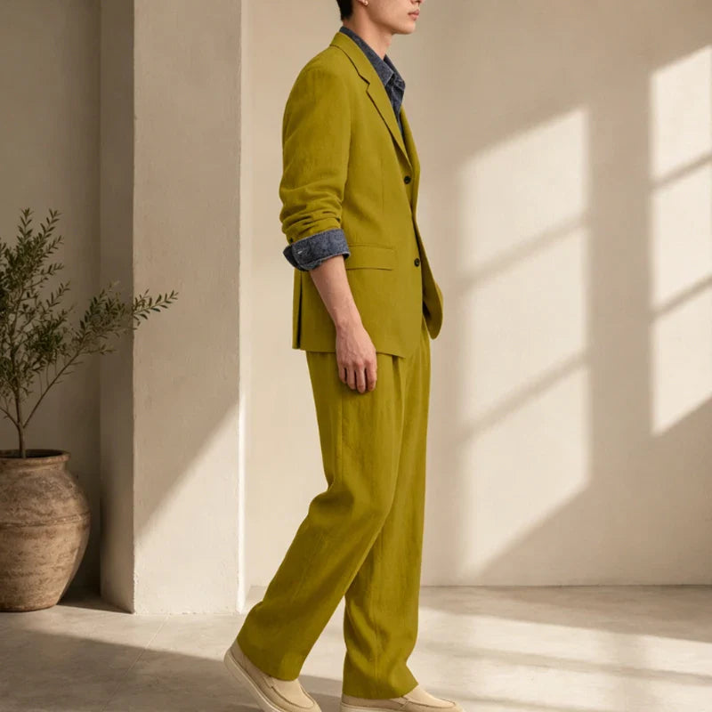 Men's Linen 2 Piece Set Notched Lapel Loose Fit Blazer Wide Leg Trousers Lightweight Breathable Spring Business Casual DailyWear