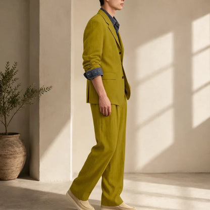 Men's Linen 2 Piece Set Notched Lapel Loose Fit Blazer Wide Leg Trousers Lightweight Breathable Spring Business Casual DailyWear