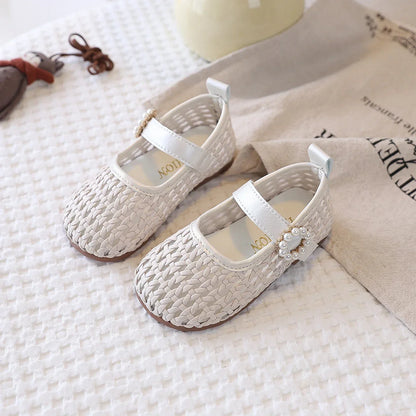 Spring Girl's Sandals Braided Pearl Hook-loop Chic Kid's Flat Shoe Solid Colors Anti-slip Casual Versatile Children Shoes 4-6Y