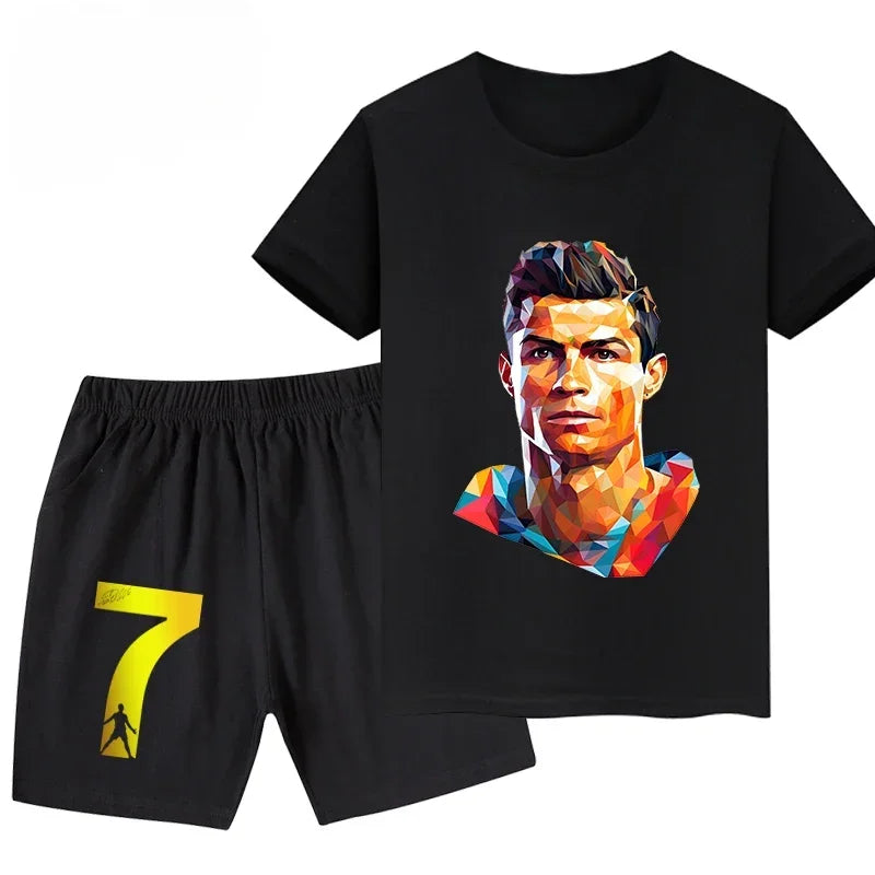 Summer Ronaldo Printed Children's Set Short-sleeved Shorts Suit Sports Kid T-shirt 2-piece Set Street Fashion Boys Baby Clothing