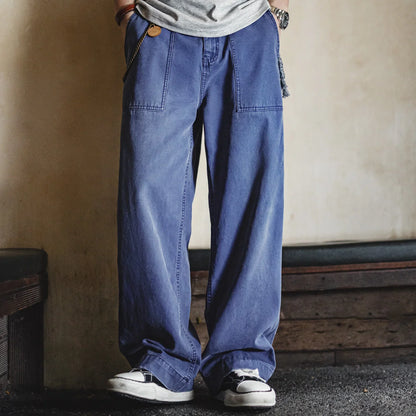 Men‘s Vintage Washed Denim Jeans Blue Cotton Canvas Workwear Zipper Pants Loose Fit Casual Trousers for Spring and Autum