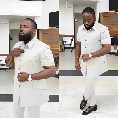 Summer Men's Suits Solid Color Short Sleeve Single Breasted Stand Lapel Casual Outfits 2 Piece Jacket Pants Set Slim Fit Terno