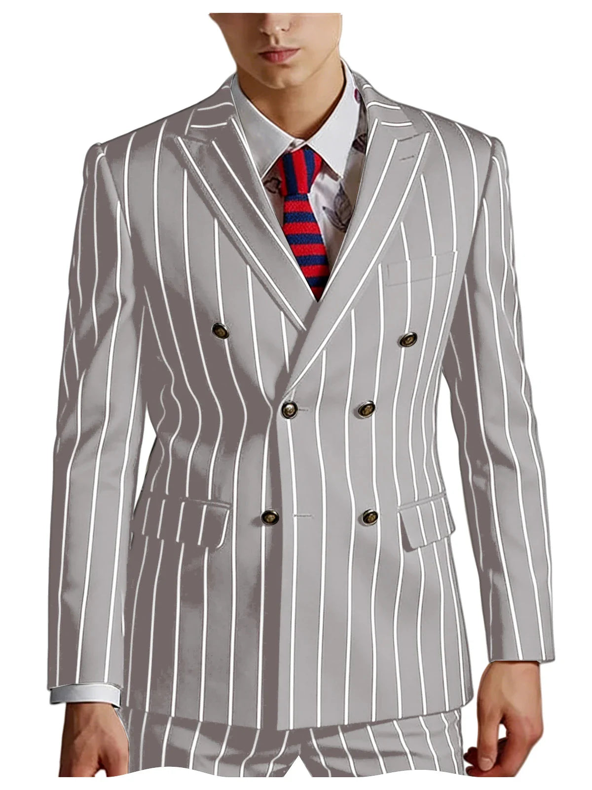 Men's Pinstripe 2 Piece Suit Set Double Breasted Peak Lapel Slim Fit Striped Tuxedo Suit For Wedding Prom Business Formal