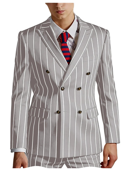 Men's Pinstripe 2 Piece Suit Set Double Breasted Peak Lapel Slim Fit Striped Tuxedo Suit For Wedding Prom Business Formal