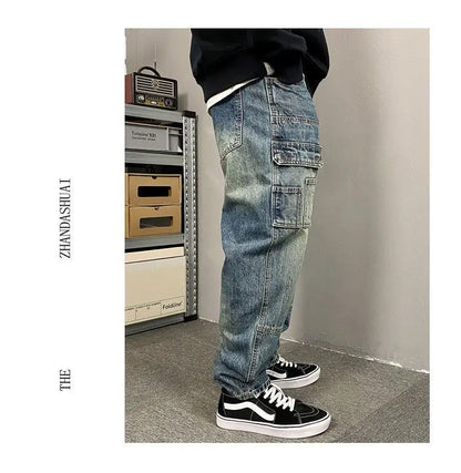 Autumn American Casual Ruffian Handsome Washed Retro Tooling Jeans Men's Straight Loose High Street Tapered Pants Tide