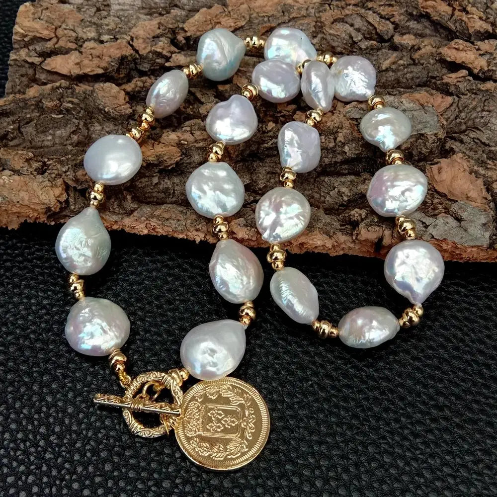 YYGEM 14x17mm Natural Freshwater White Coin Pearl Necklace 21mm Gold Plated Charm Pendant For Women Fashion Jewelry