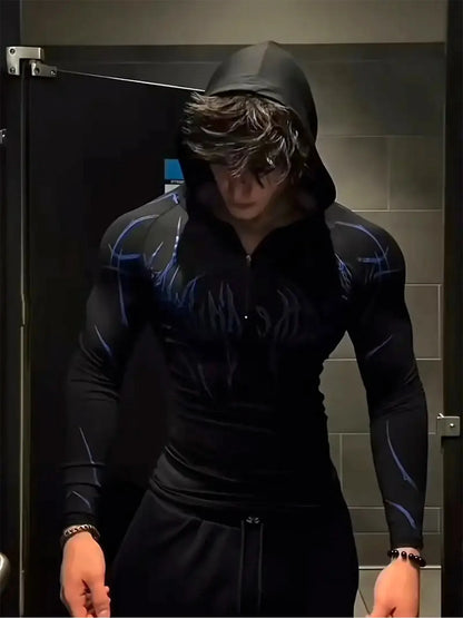 2026 Spring Summer New Men's Black Hooded Sports Compression Long Sleeve Shadow Style Street Subcultural Style