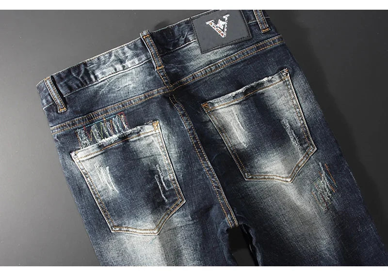 Streetwear Fashion Men Jeans Retro Black Blue Elastic Slim Fit Ripped Jeans Men Spliced Designer Embroidery Hip Hop Denim Pants