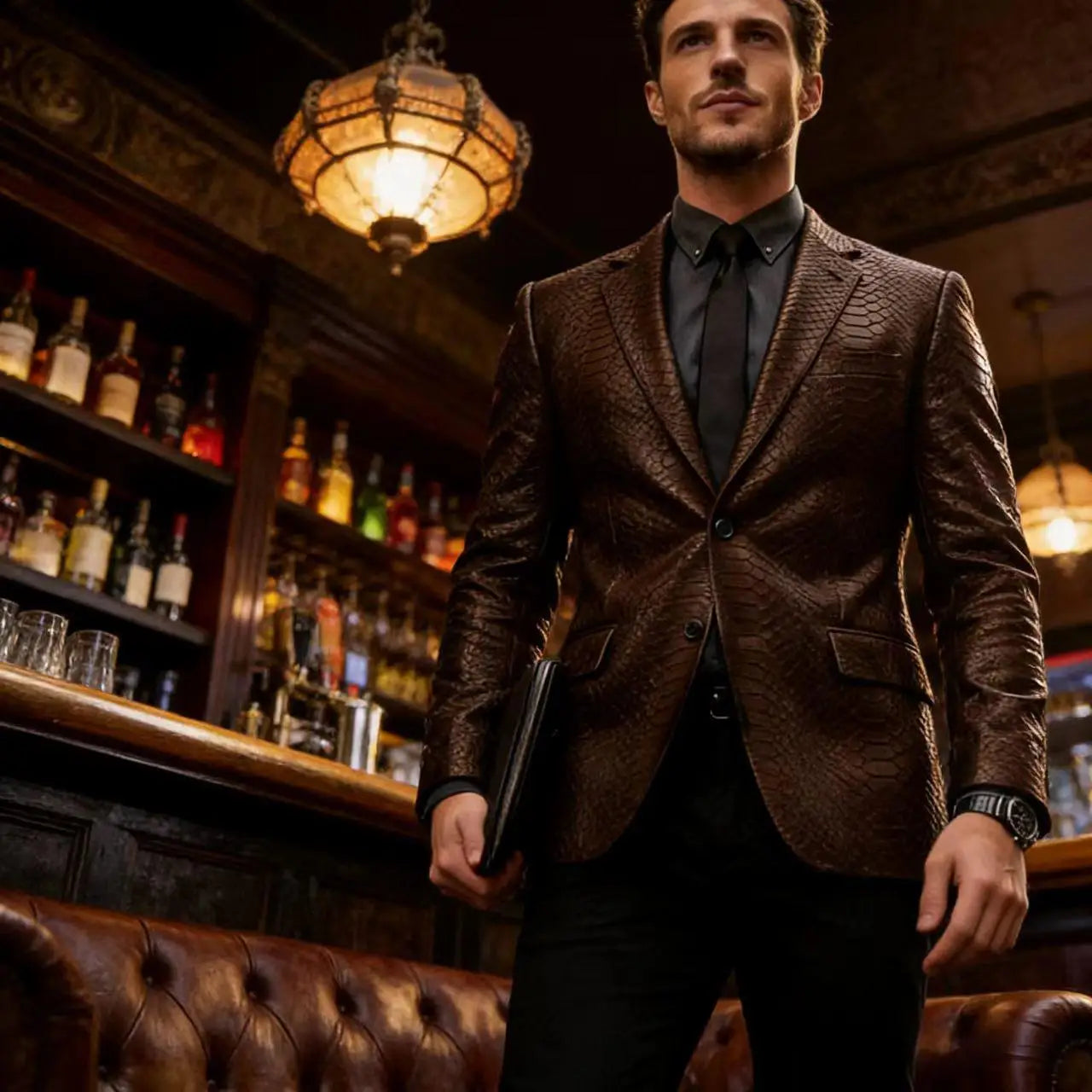 Men's Luxury Crocodile Pattern Leather Blazer Slim Fit Two Button Notch Lapel Suit Jacket Business Casual Wedding Tuxedo Dress