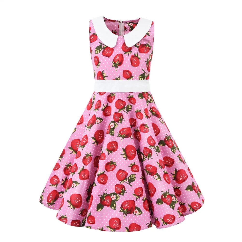 LPATTERN Girls' Vintage Rockabilly Dress Party Retro Polka Dot Floral Pattern A-line Dresses Pleated Skirt Knee-Length for 4-10Y