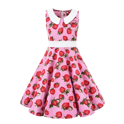LPATTERN Girls' Vintage Rockabilly Dress Party Retro Polka Dot Floral Pattern A-line Dresses Pleated Skirt Knee-Length for 4-10Y