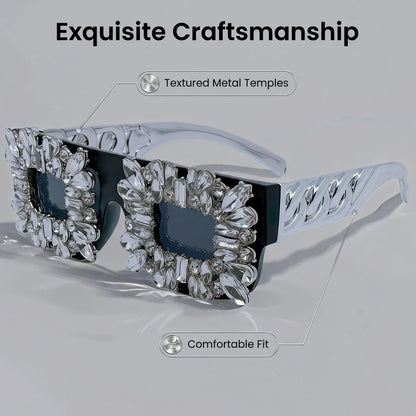 Exaggerated Bling Rhinestone Square Sunglasses Women Luxury Silver Chain Leg Statement Eyewear for Party Nightclub Rave Festival