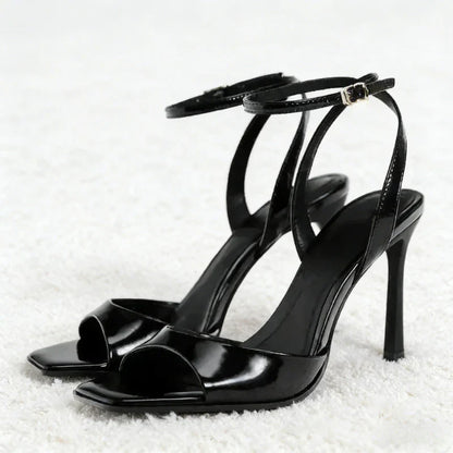 Designer Patent Leather Ankle Strap Buckle Heeled Sandals Women Sexy Square Toe Peep Toe High Heels Summer Elegant Office Shoes