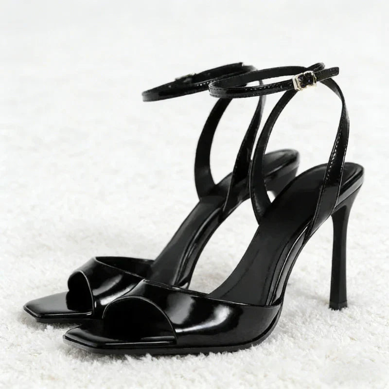 Gold Patent Leather Ankle Buckle High Heeled Sandals Women Sexy Square Toe Open Toe High Heels Summer Fashion Party Office Shoes